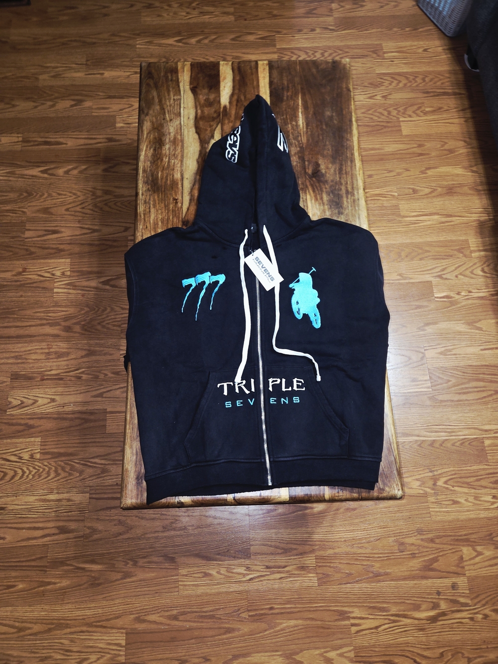 Triple 7 Black Hoodie with Teal Logos